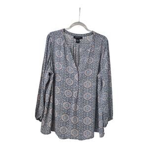 Faith & Zoe Womens 2X Blouse Mandala Print Split Neck Pull Over L/S Elastic Cuff